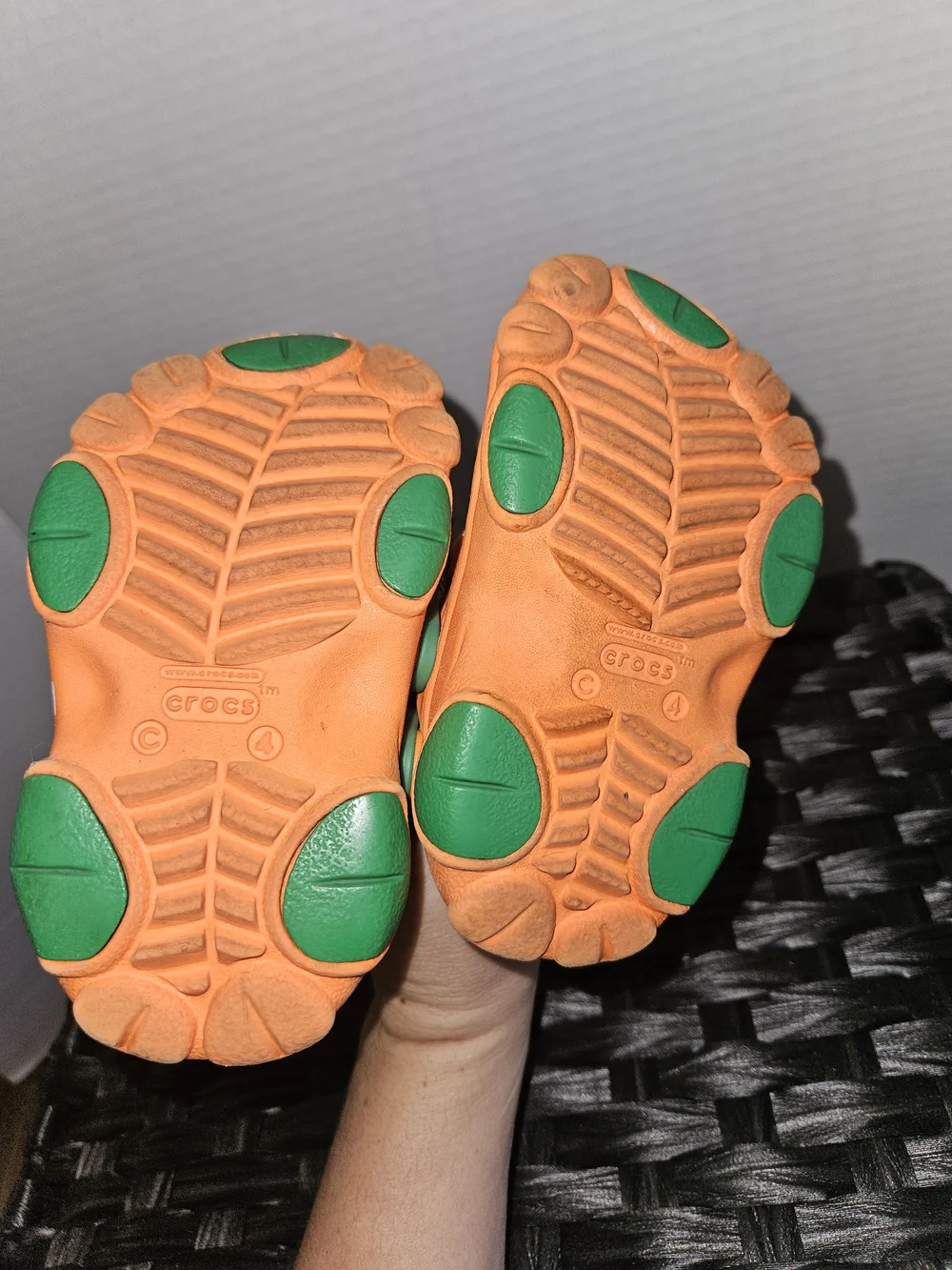 CROCS Kids Orange Clogs with Green Strap and Carrot Charm